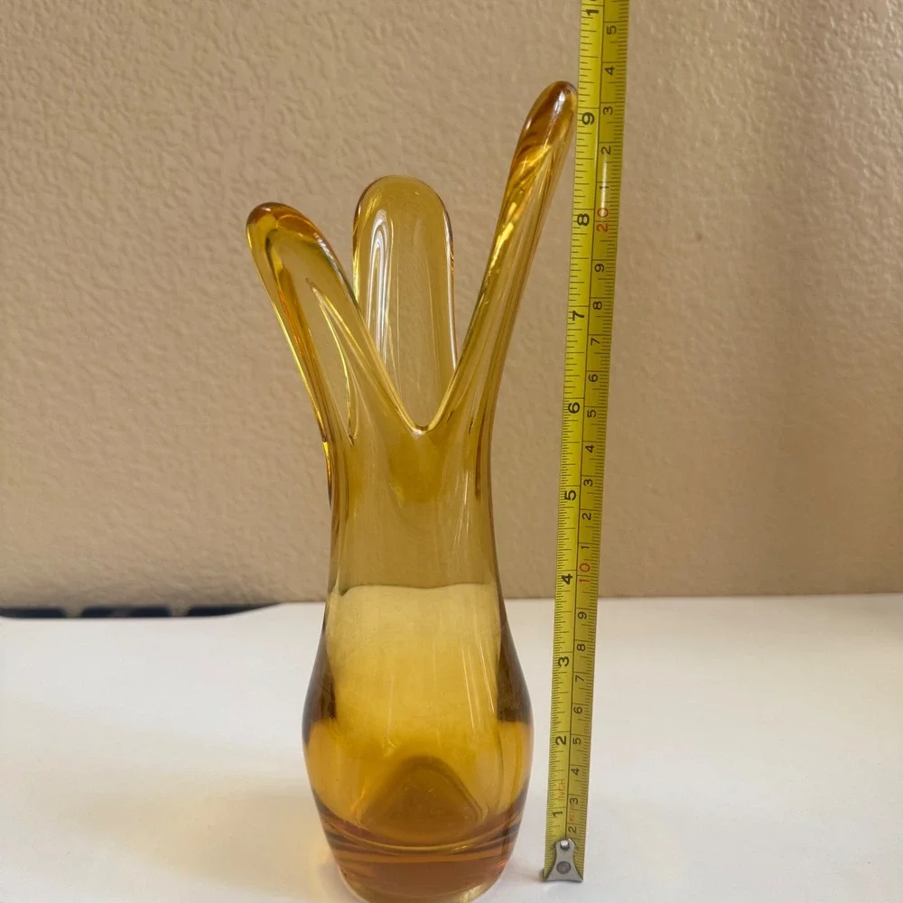 Vintage Amber Art Glass Vase Mid Century Modern Pulled Swing Tri-Corner 8.5 Inch